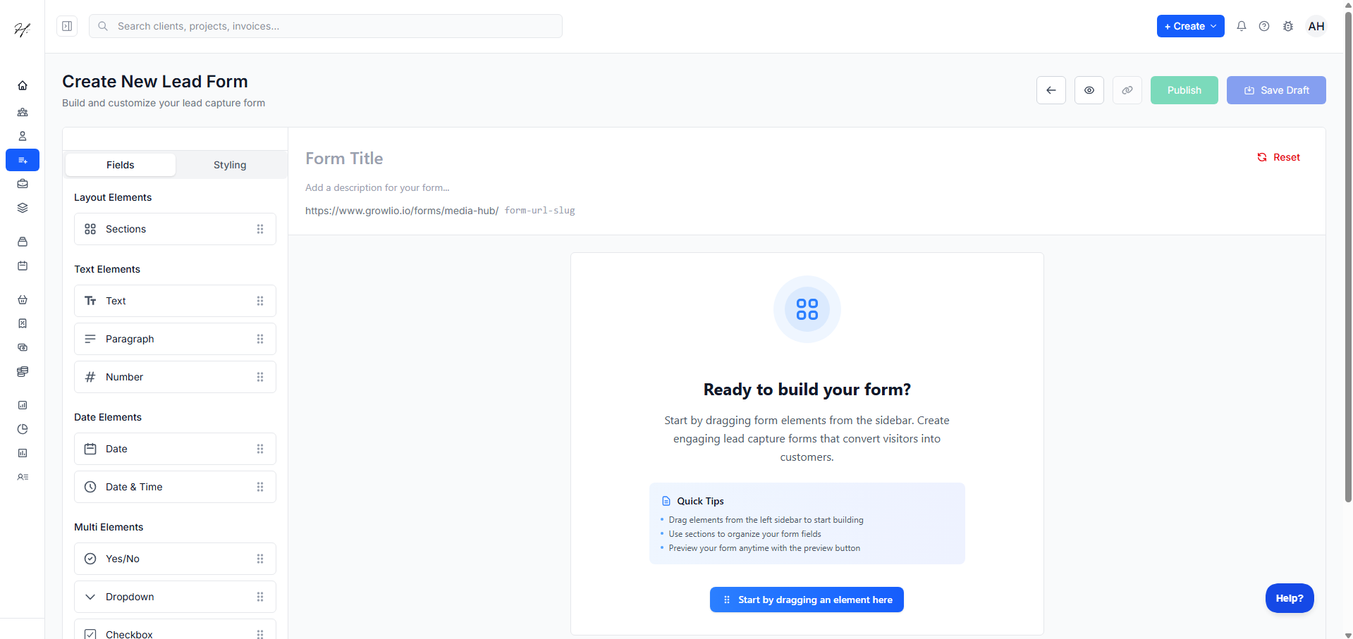 Build forms that capture quality leads dashboard interface showing video presentation features and tools for service businesses